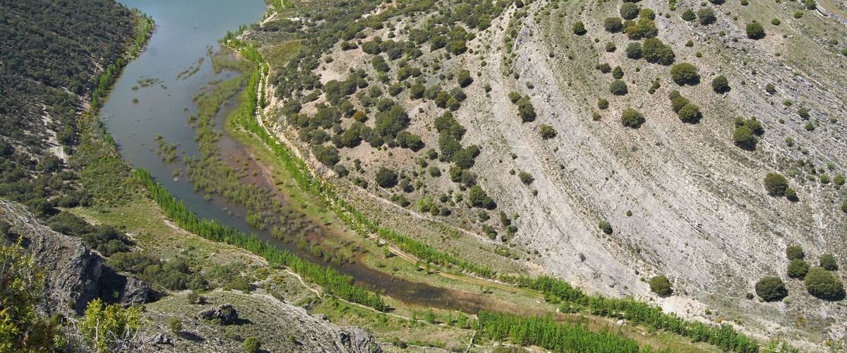 A river winding through a hilly landscape with sparse vegetation and rocky terrain.