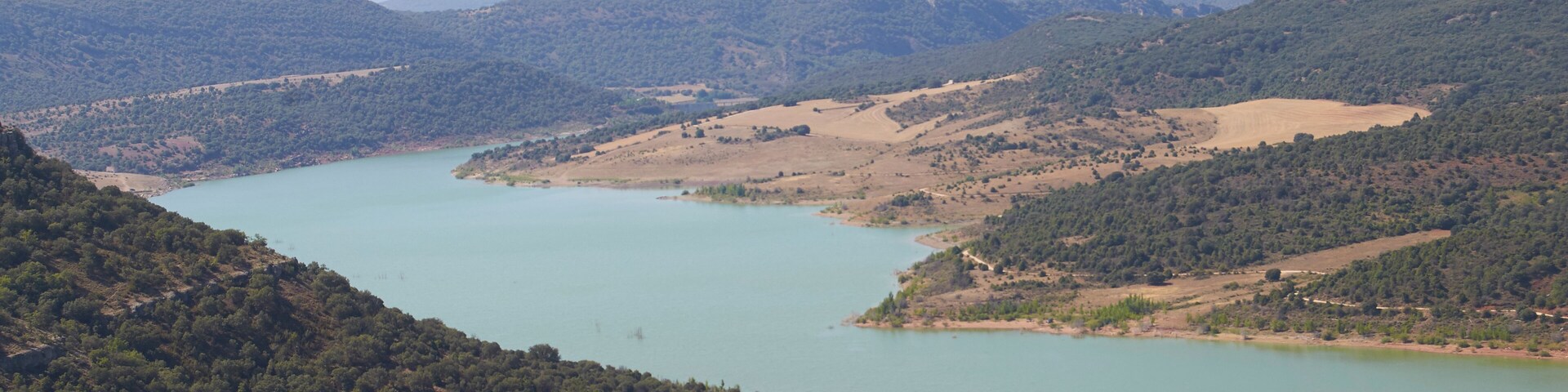 Un río serpentea por un paisaje montañoso con densos bosques y campos abiertos.