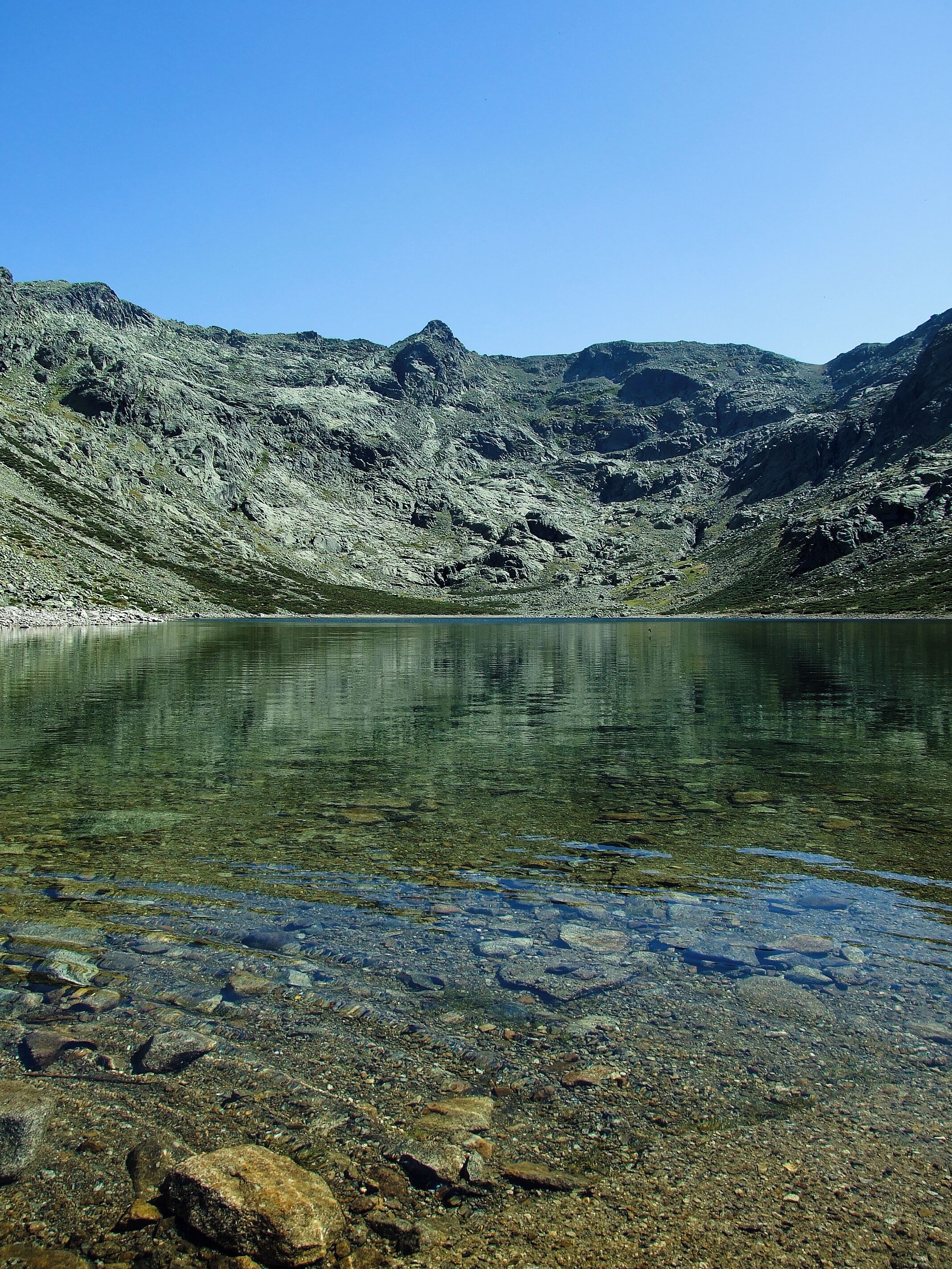 A clear mountain lake surrounded by rocky terrain.