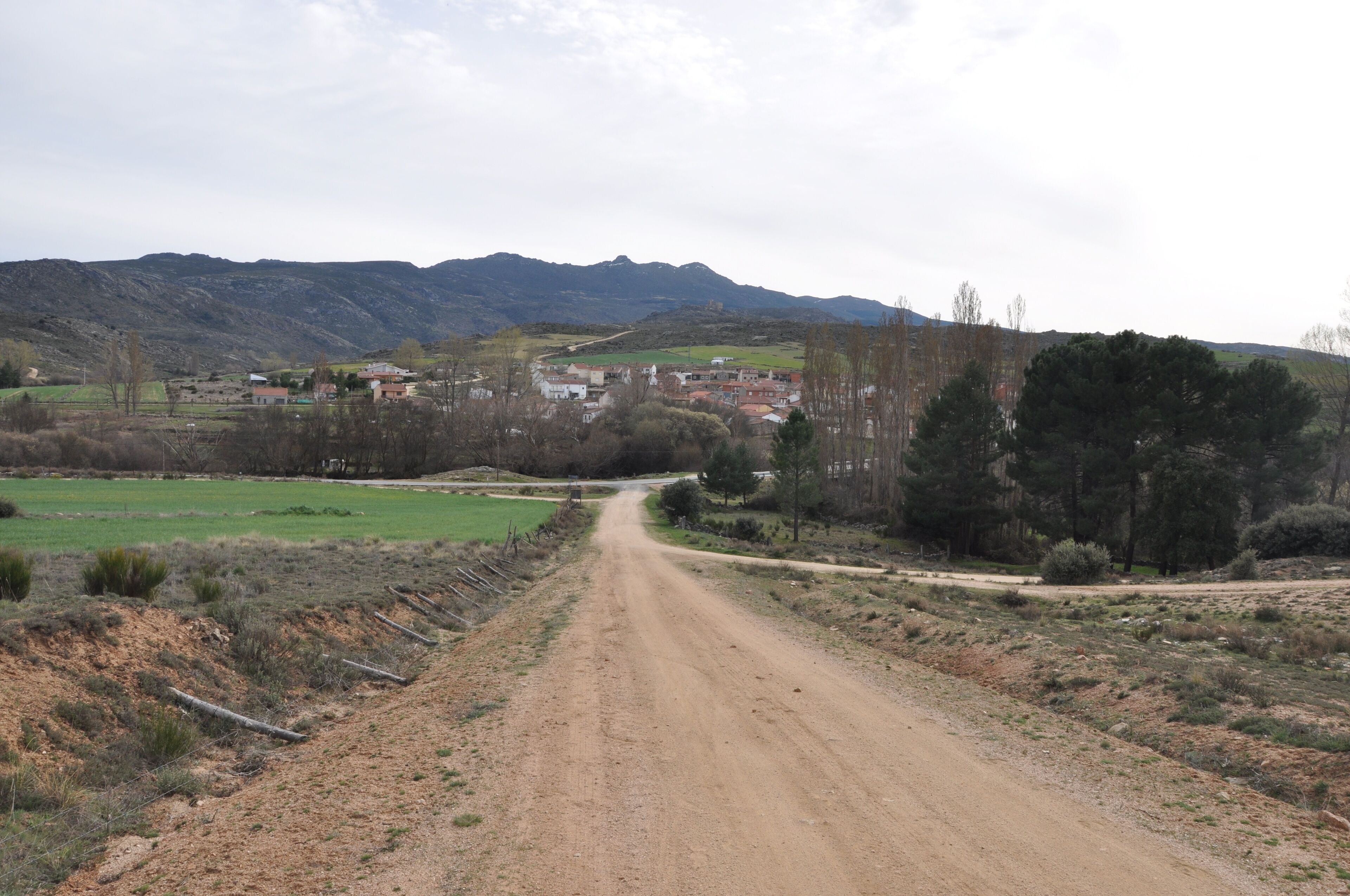 A dirt road leading through a rural landscape with fields, trees, and distant mountains.