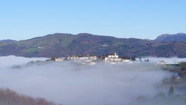 Orendain. The municipality of Orendain appears between the mists of dawn in the region of tolosaldea, province of Gipuzkoa, Basque Country.