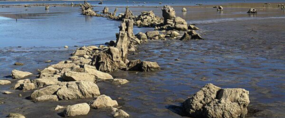 A rocky shoreline with a clear blue sky and distant hills.