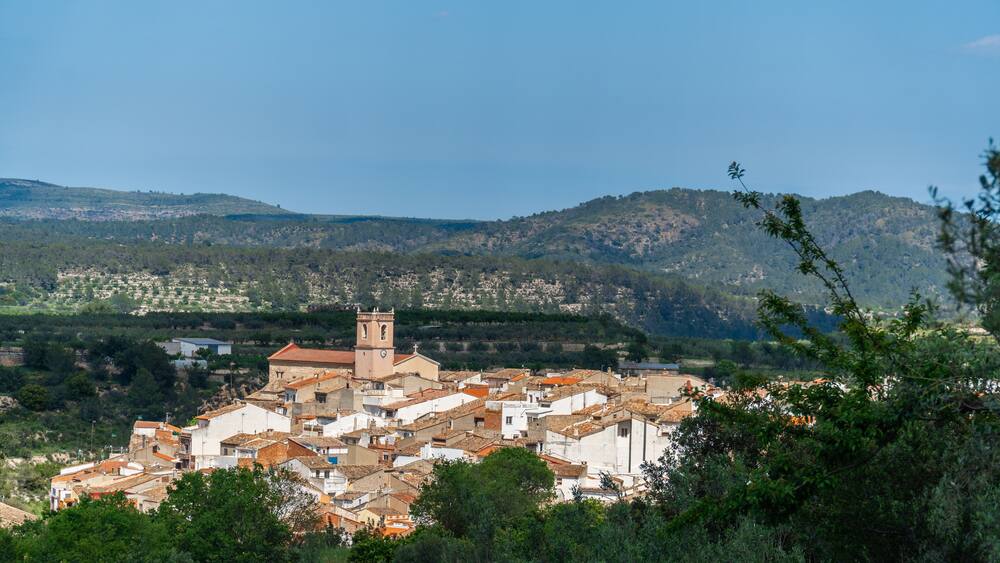 Landscape with a village on background, in Bicorp, Comunidad Valenciana (Spain)