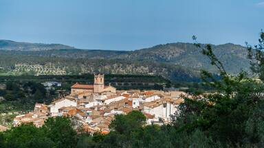 Landscape with a village on background, in Bicorp, Comunidad Valenciana (Spain)
