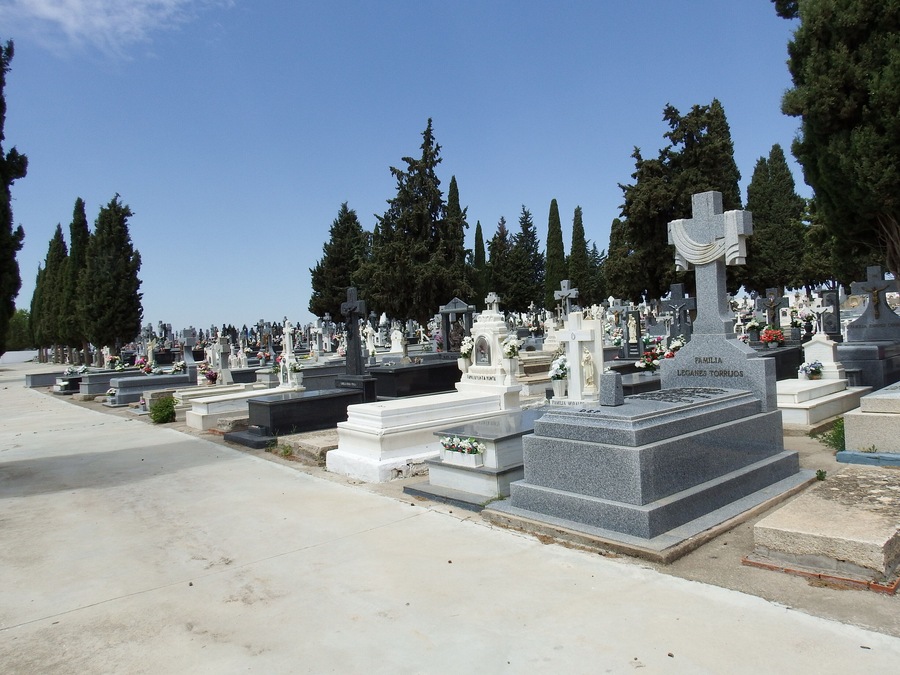 Un cementerio con numerosas lápidas, algunas adornadas con flores, y altos cipreses al fondo.