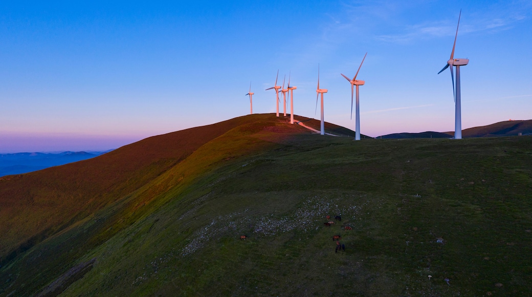Paisagem com várias turbinas eólicas numa colina.