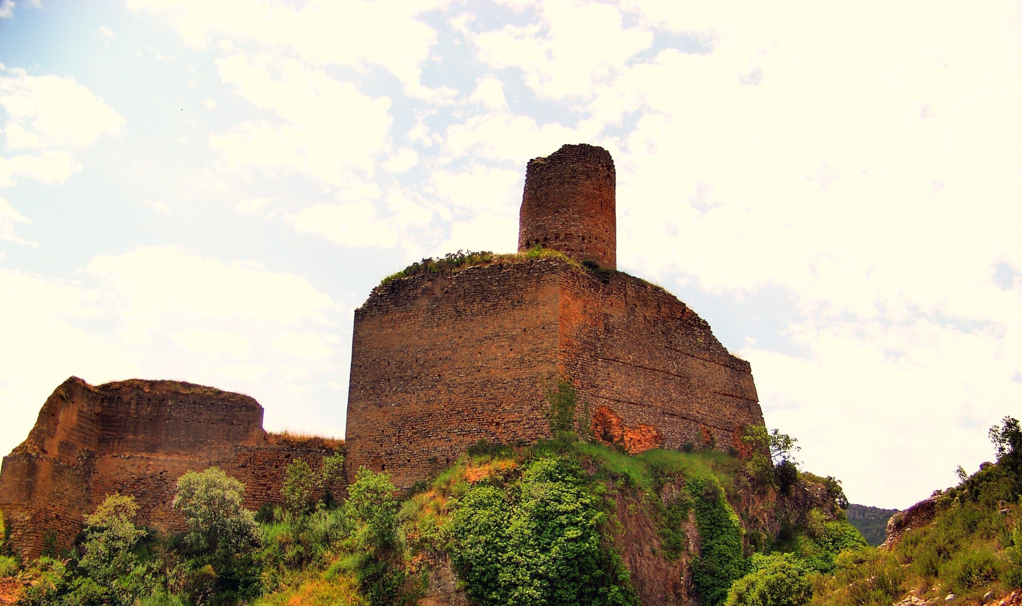 A large, ancient stone structure with a prominent tower, surrounded by lush greenery and other similar rock formations.