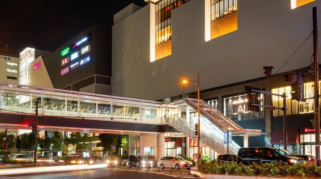 Aeon Mall Okayama featuring a city, a bridge and night scenes