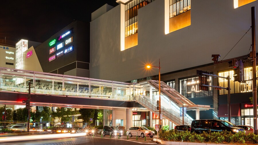 Aeon Mall Okayama featuring a city, a bridge and night scenes