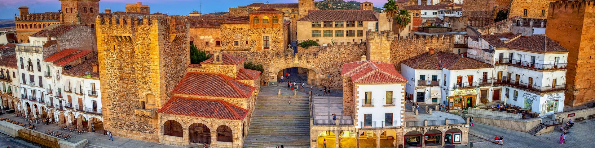 Plaza Mayor of Caceres at sunset, overhead view.