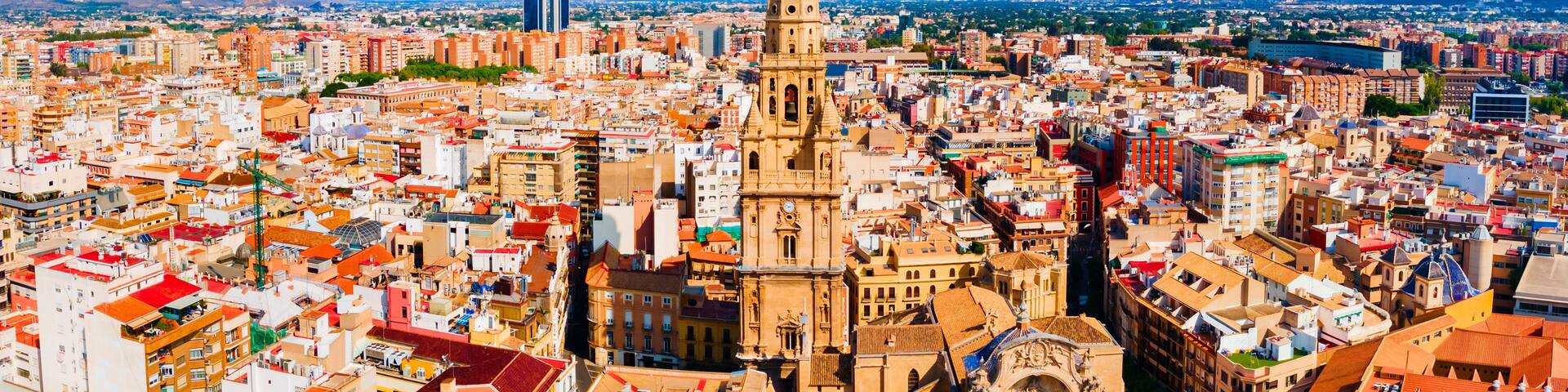 A panoramic view of a city with a prominent cathedral, dense urban buildings, and a clear blue sky.