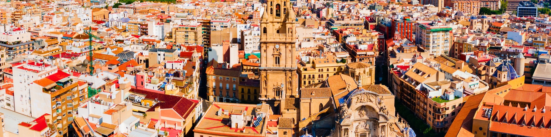 Vista panorâmica de uma cidade com uma catedral imponente, edifícios urbanos densos e um céu azul límpido.