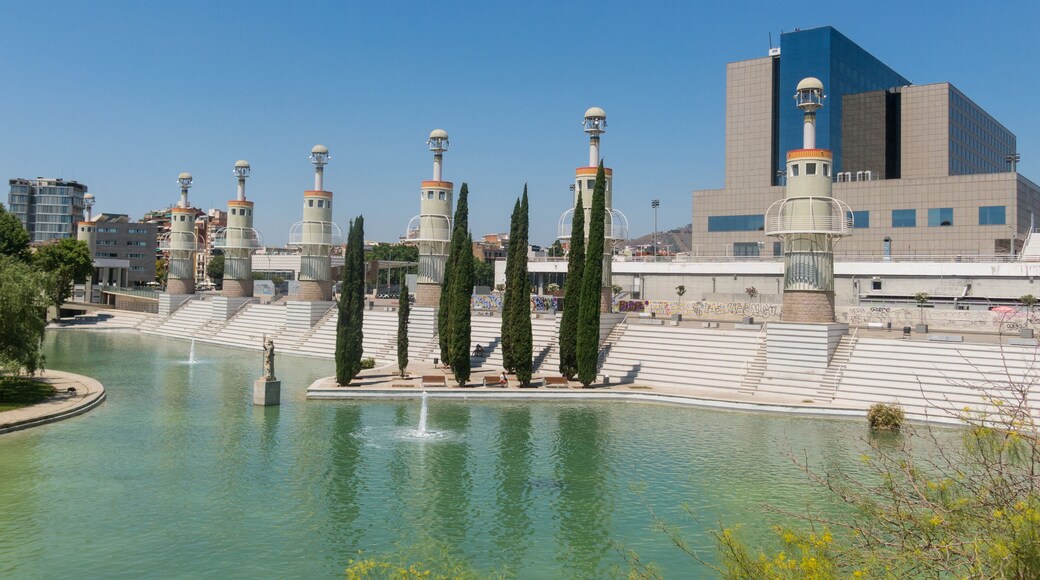 Panorama of Parc de l'Espanya Industrial in summer day. In the background, Sants station, the main train station of the city