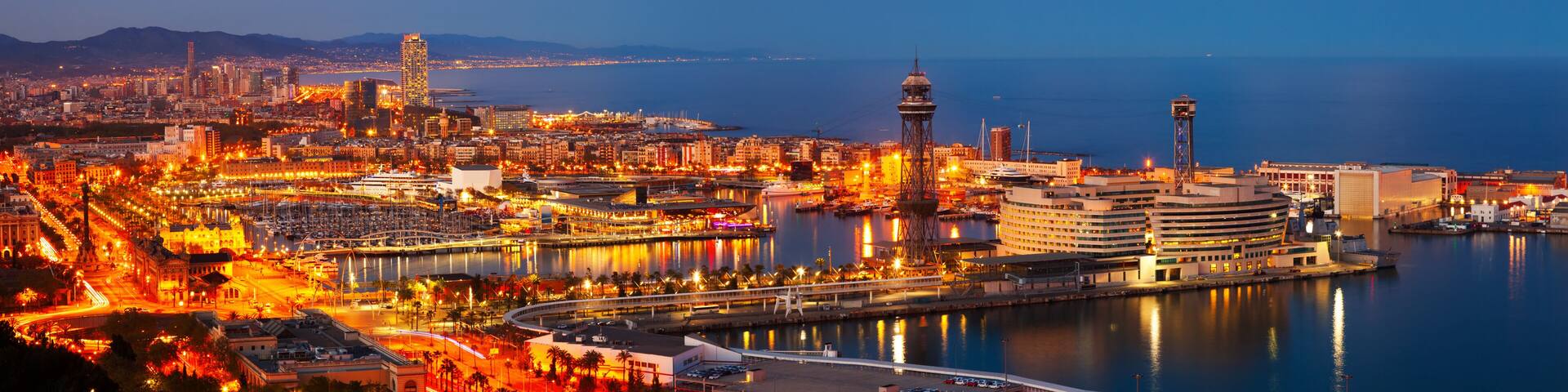 Panorama of Port Vell in night. Barcelona