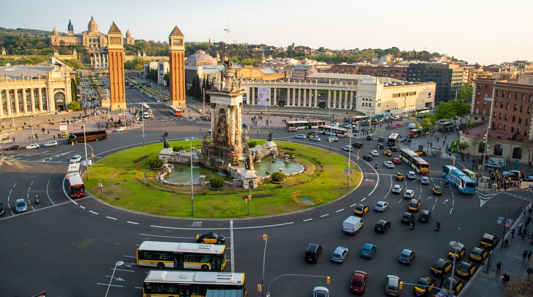 BARCELONA - April. 2019: Aerial view of the Placa d'Espanya, also known as Plaza de Espana, one of Barcelona's most important squares, in Barcelona, Spain.