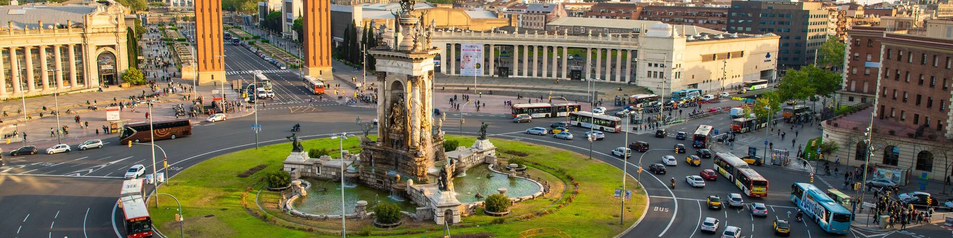 BARCELONA - April. 2019: Aerial view of the Placa d'Espanya, also known as Plaza de Espana, one of Barcelona's most important squares, in Barcelona, Spain.