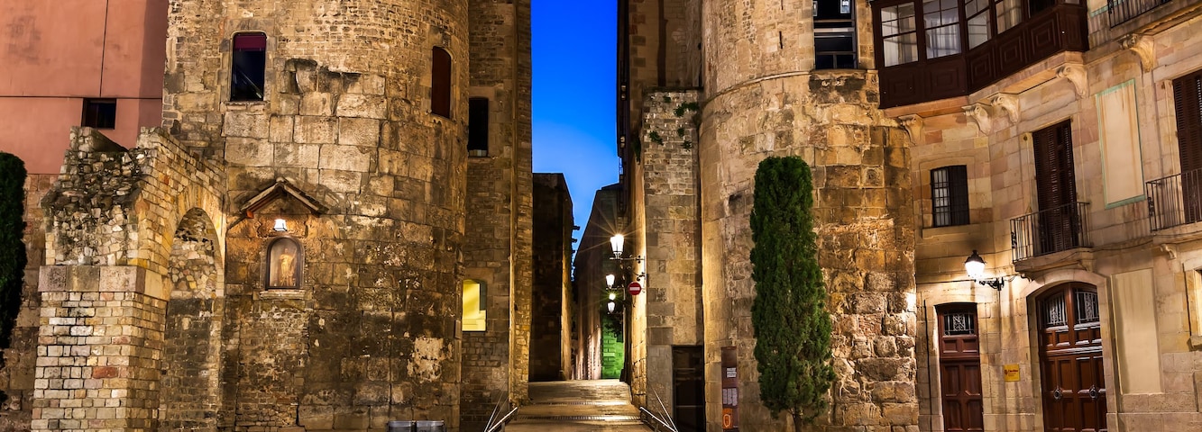 Una plaza histórica de piedra con un camino central que lleva a un edificio lejano.