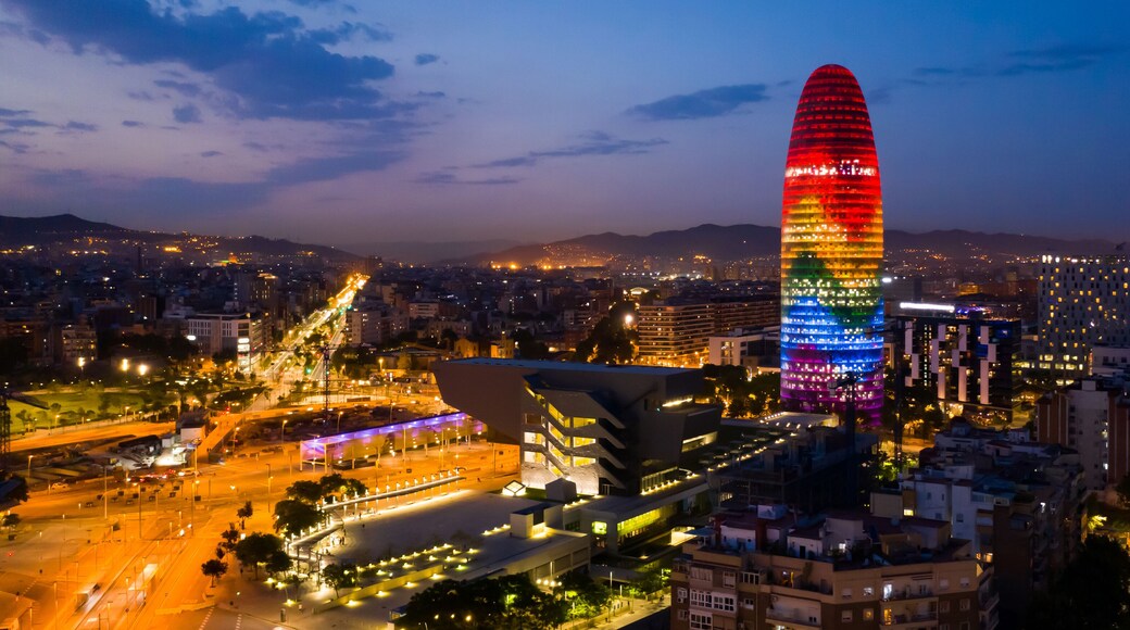 Night aerial view of business skyscraper Torre Glories in Barcelona
