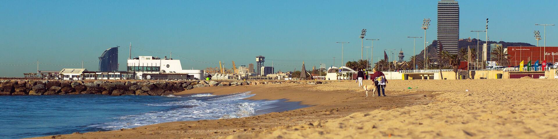 BARCELONA, SPAIN - 02 MAY 2016: Cityscape of the sandy seashore in Sant Marti area in Barcelona