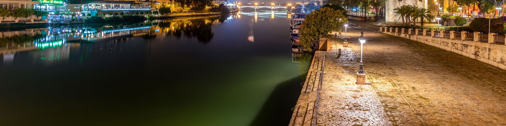 A river reflecting city lights, a bridge, and a historic tower.
