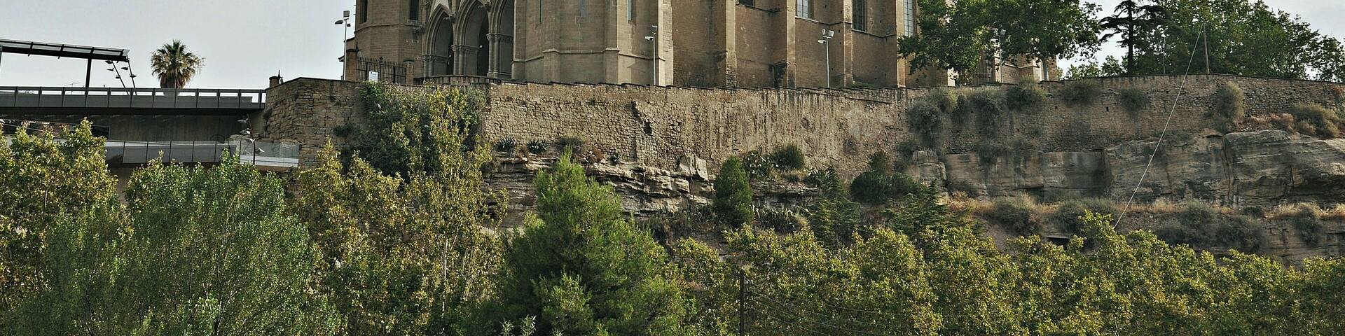 A large historic building with a prominent tower and arched windows, situated on a rocky hill with dense greenery in the foreground.