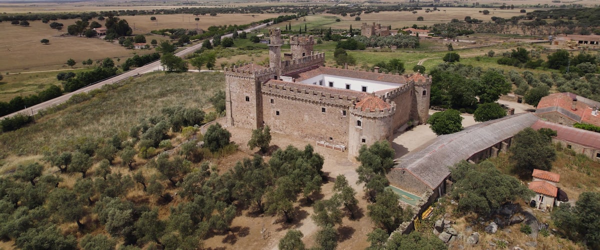 Un castillo medieval rodeado de campos y árboles.