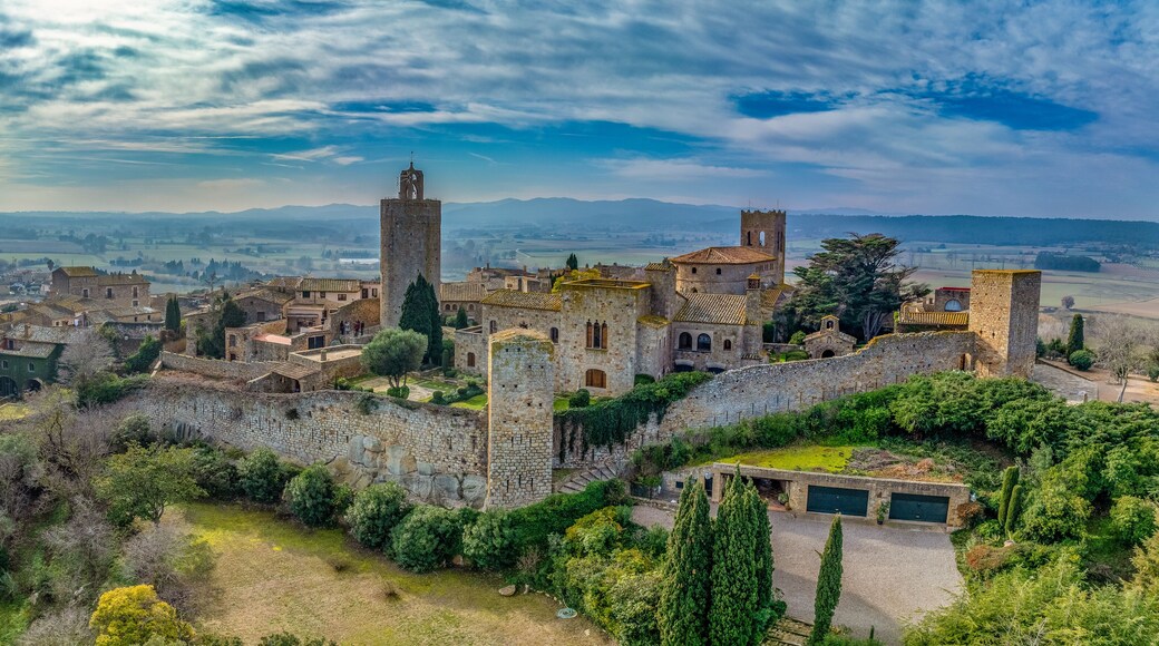 Aerial view of Pals a medieval town in Catalonia, northern Spain, near the sea in the heart of the Bay of Emporda on the Costa Brava with city walls