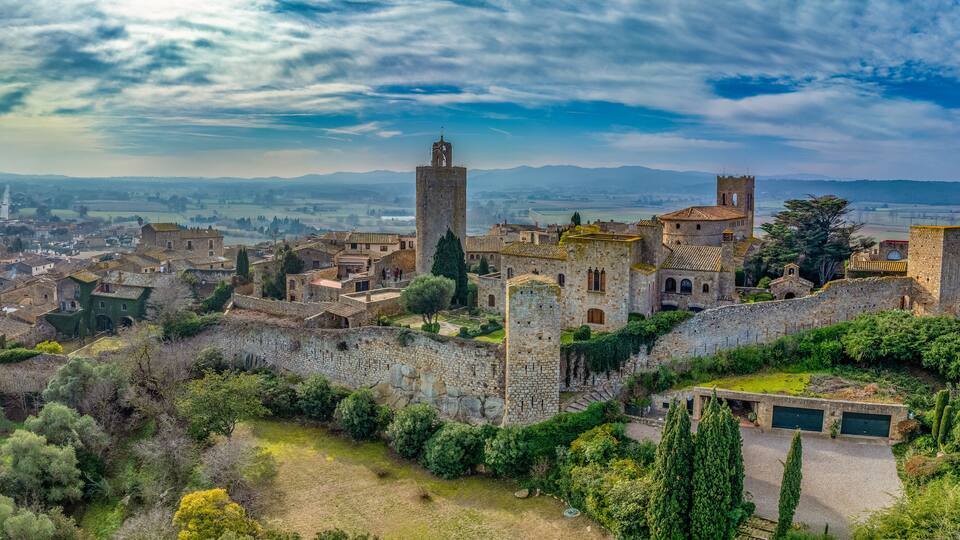 Aerial view of Pals a medieval town in Catalonia, northern Spain, near the sea in the heart of the Bay of Emporda on the Costa Brava with city walls
