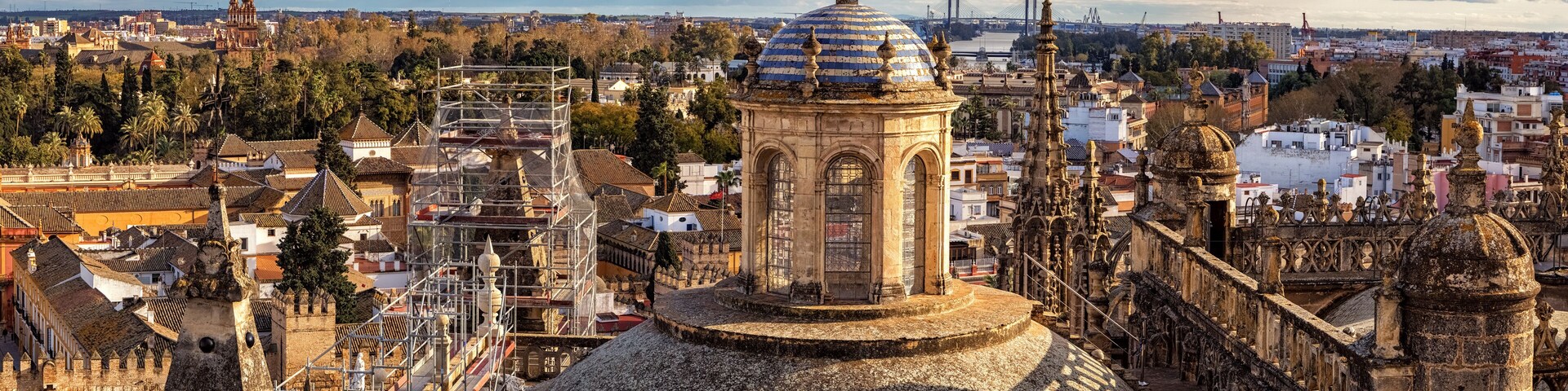 Panoramic View on Cathedral and Sevilla from former Minaret La Giralda, Spain