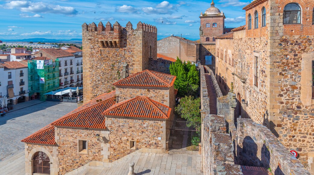 A historic stone fortress with a red-tiled roof, surrounded by a cobblestone square and modern buildings.