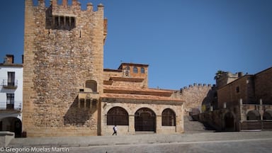 Un edificio histórico de piedra con una torre, ventanas de arco y una escalera que lleva a un portón.