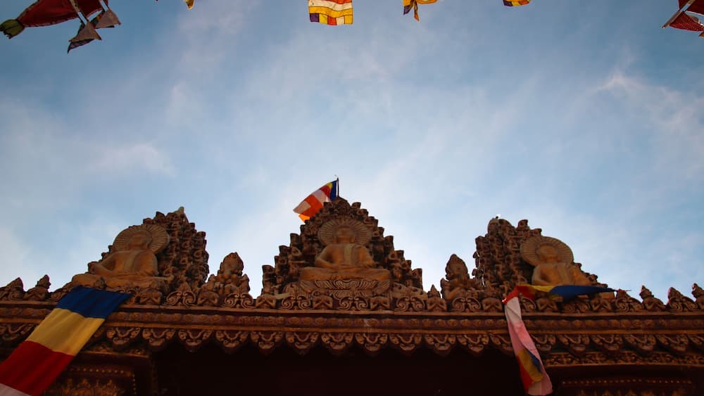 Low angle view of the Chua Khmer Phu Ly, a khmer temple in Vinh Long, Vietnam