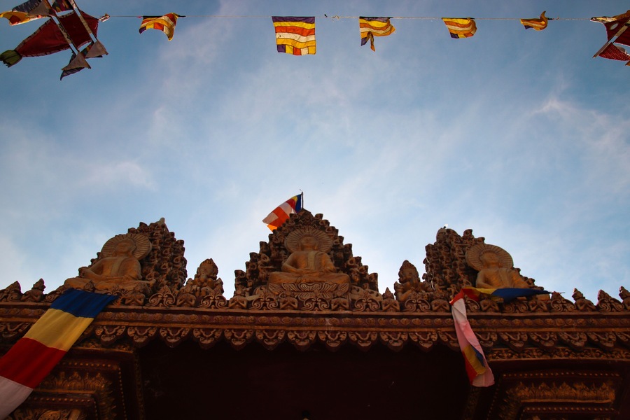 Low angle view of the Chua Khmer Phu Ly, a khmer temple in Vinh Long, Vietnam