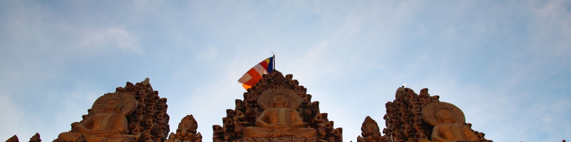 Low angle view of the Chua Khmer Phu Ly, a khmer temple in Vinh Long, Vietnam