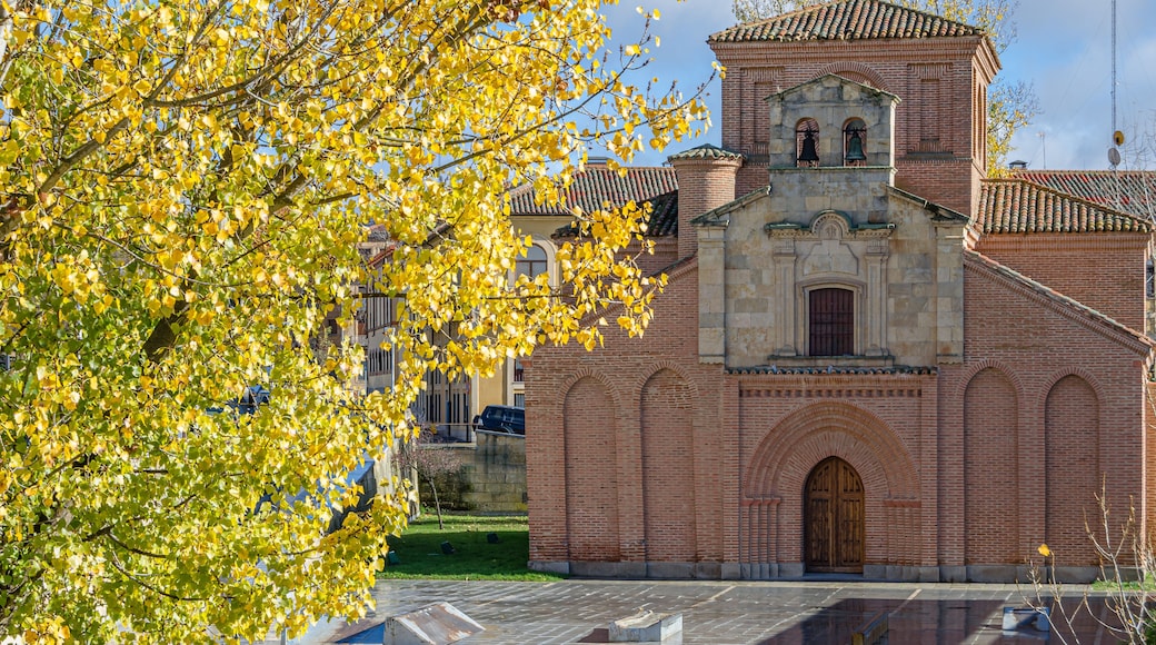 A historic church with a bell tower, surrounded by a plaza with a fountain and a tree with yellow leaves.