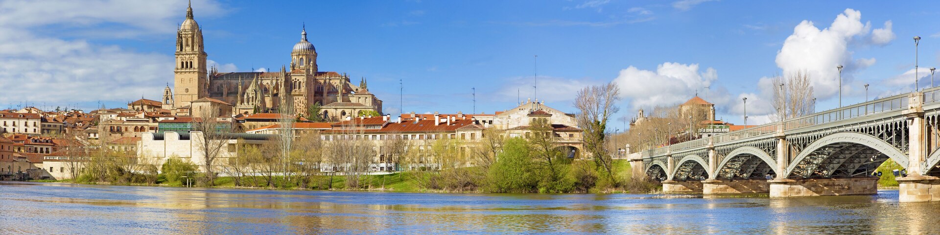 Salamanca - The Cathedral and bridge Puente Enrique Estevan Avda and the Rio Tormes river.