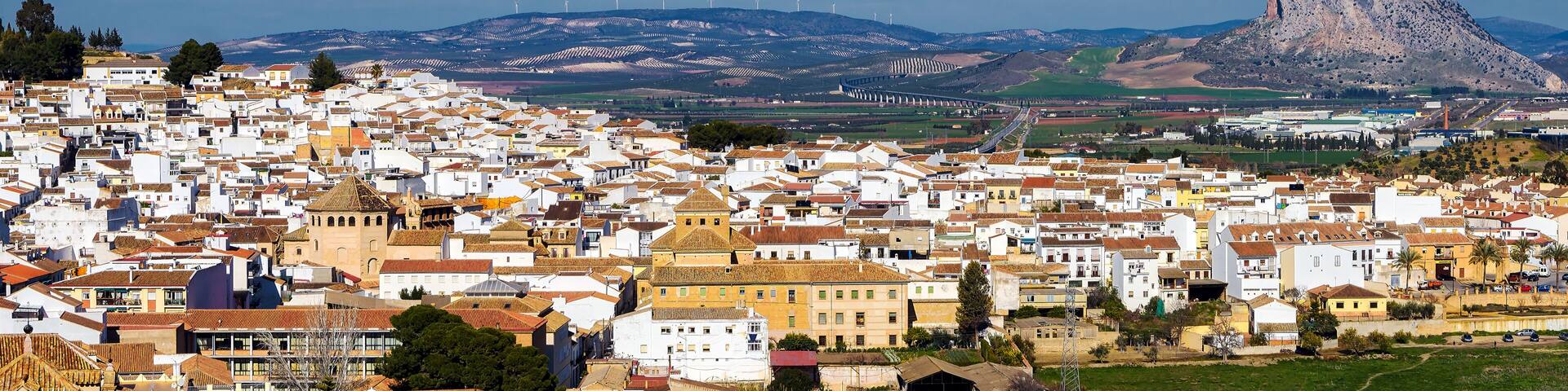 Panoramic view of Antequera and Lover's Mount in Southern Spain