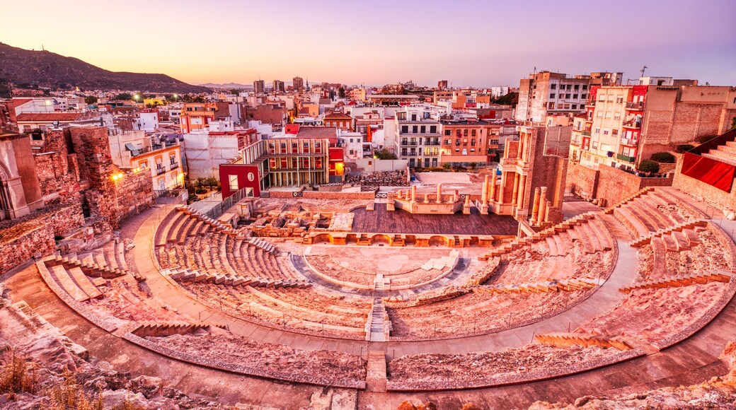 Illuminated Roman Theatre in Cartagena at Dusk, Spain
