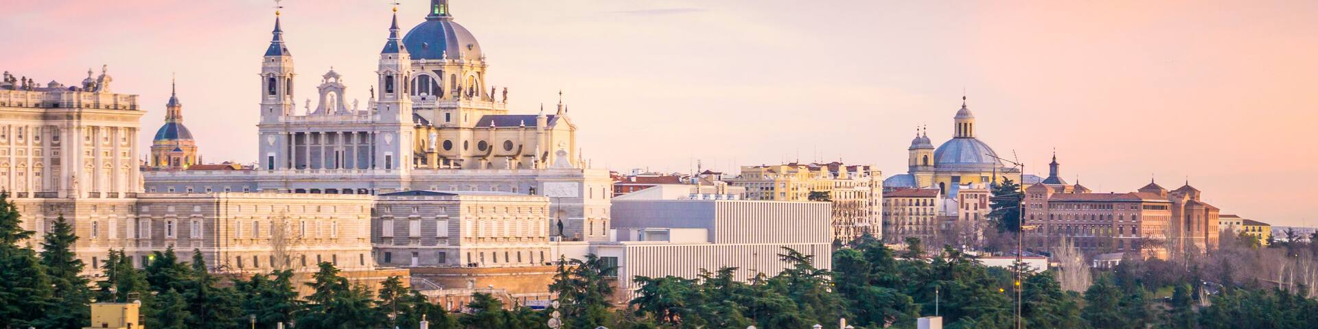 A cityscape with prominent historical architecture, including a large cathedral with multiple domes and spires, surrounded by other notable buildings and trees.