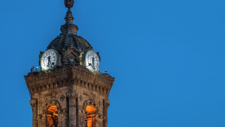Tower of the Church of St. Vincent in the Old Town at the blue hour. Vitoria-Gasteiz, Basque Country, Spain