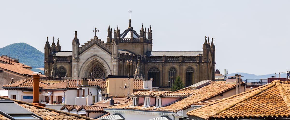 Una catedral histórica con arquitectura gótica, rodeada de tejados de tejas de color terracota y un telón de fondo montañoso.