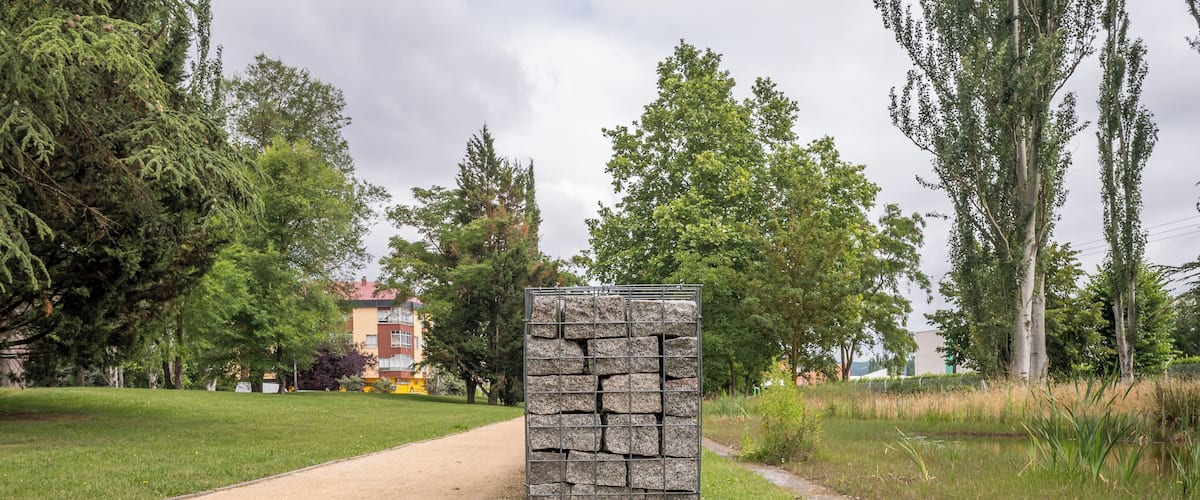 Granite gabion in the Biodiversity Park of Arriaga. Vitoria-Gasteiz, Basque Country, Spain