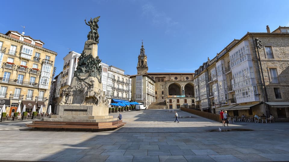 Vitoria-Gasteiz, Spain - 20 August, 2021: Monument to the Battle of Vitoria and Plaza de la Virgen Blanca