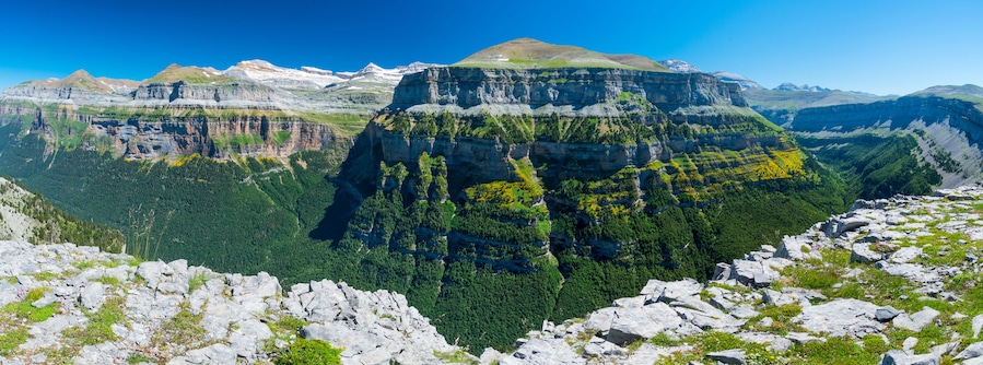Un paisaje montañoso con un acantilado destacado y un bosque denso.
