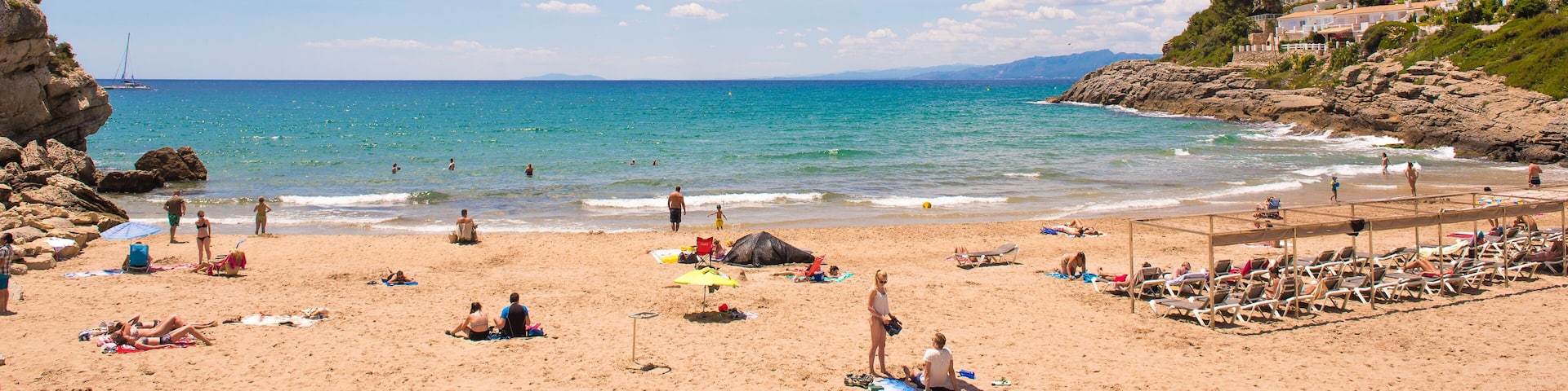 SALOU, SPAIN - JUNE 6, 2017: Coastline Costa Dorada, beach in Salou, Tarragona, Catalunya, Spain. Copy space for text.
