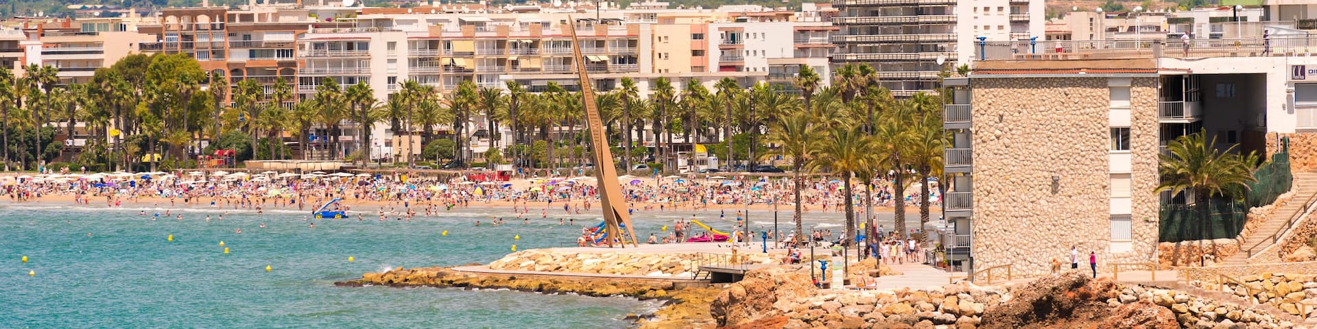 SALOU, SPAIN - JUNE 6, 2017: Coastline Costa Dorada, main beach in Salou, Tarragona, Catalunya, Spain. Copy space for text.