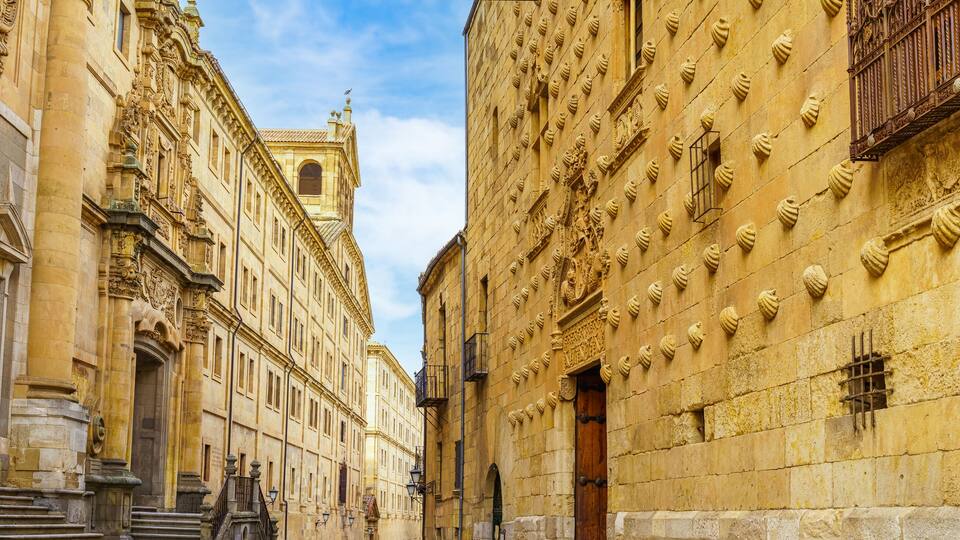 Famous architecture of Salamanca with medieval buildings, including the Casa de las Conchas in Spain.