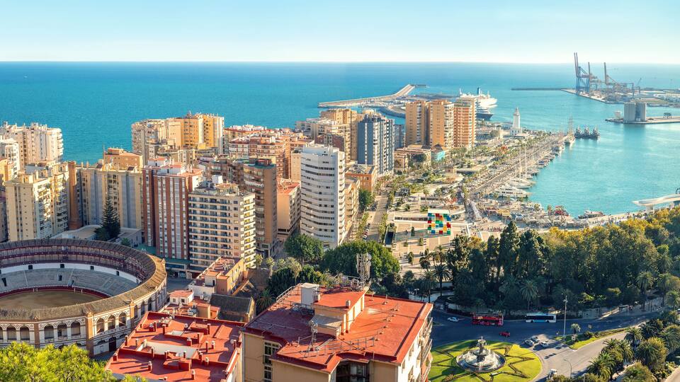 Cityscape of Malaga city. Bull Ring, Plaza la Malagueta, Andalusia, Spain