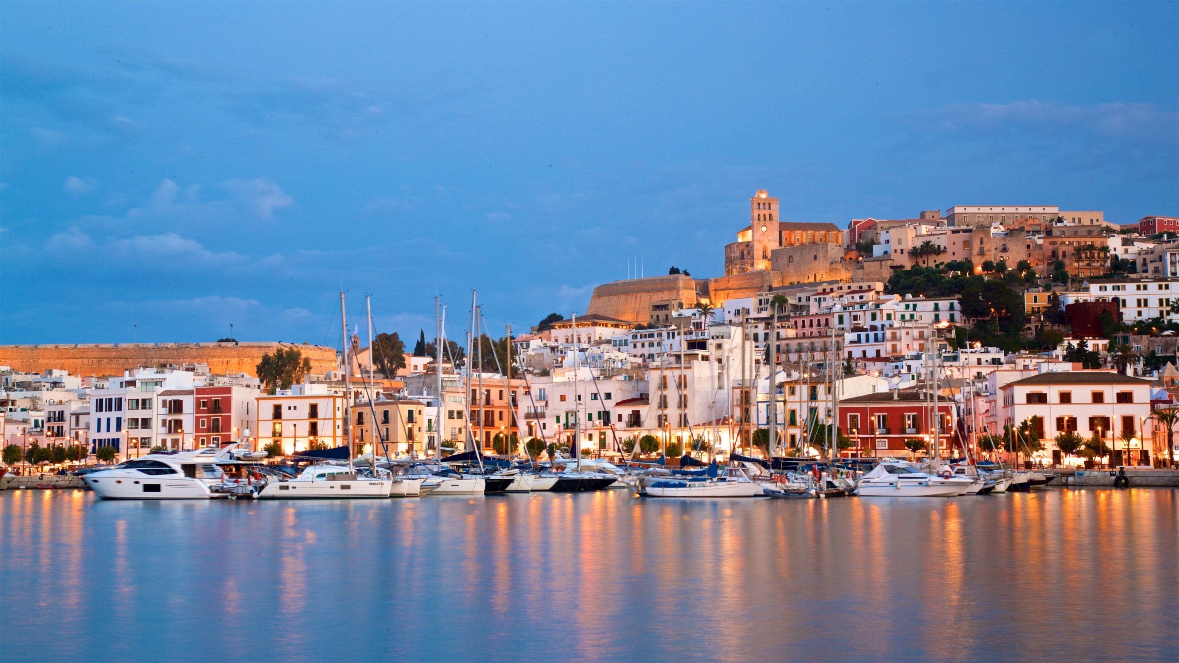 Ibiza City Centre showing a coastal town, a bay or harbor and night scenes