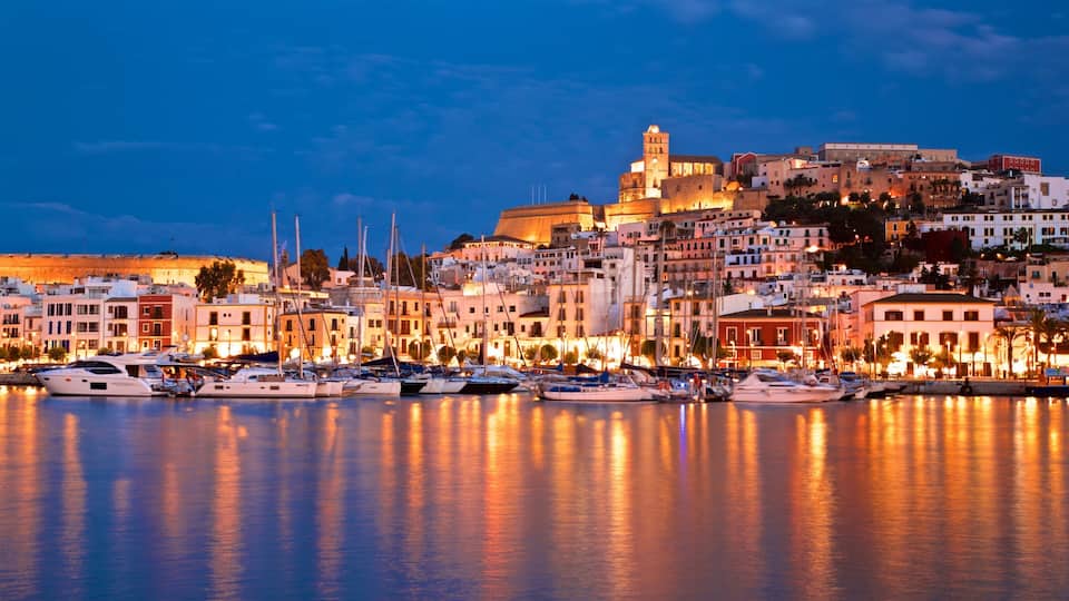Ibiza City Centre which includes a coastal town, a bay or harbor and night scenes